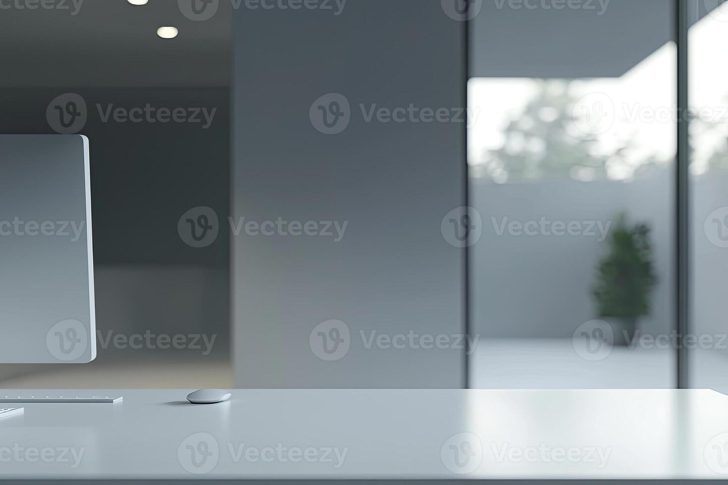 Blurred office background with a computer and white desk in a modern interior, a business work space concept, a mockup for product display presentation, with a white background photo