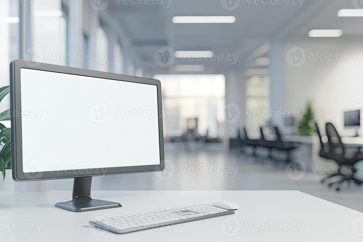 Blurred office background with a computer and white desk in a modern interior, a business work space concept, a mockup for product display presentation, with a white background photo