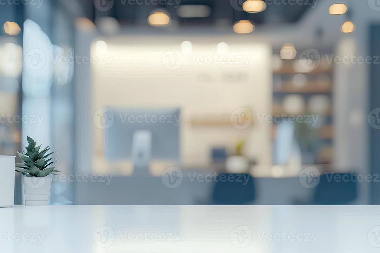 Blurred office background with a computer and white desk in a modern interior, a business work space concept, a mockup for product display presentation, with a white background photo