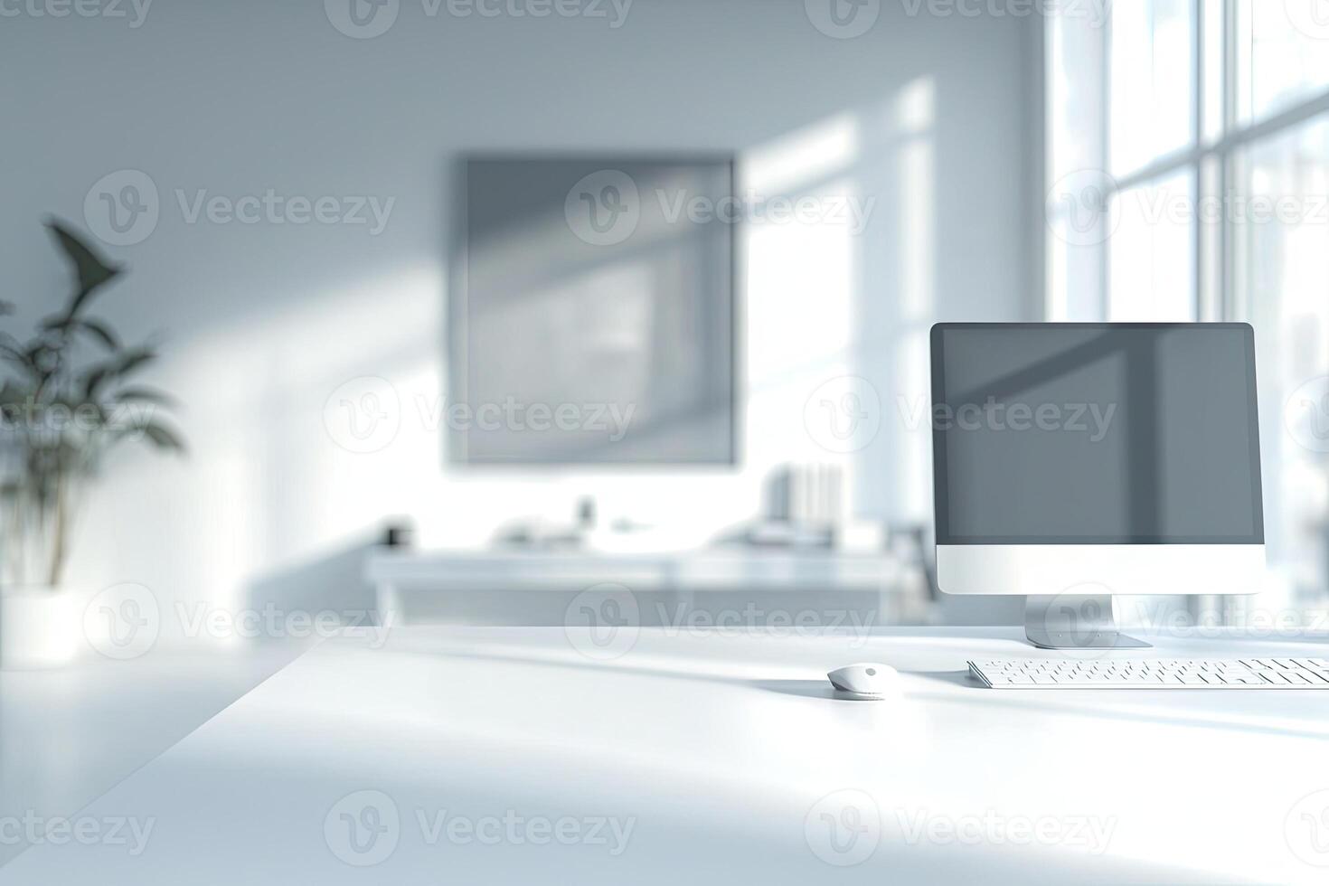 Blurred office background with a computer and white desk in a modern interior, a business work space concept, a mockup for product display presentation, with a white background photo