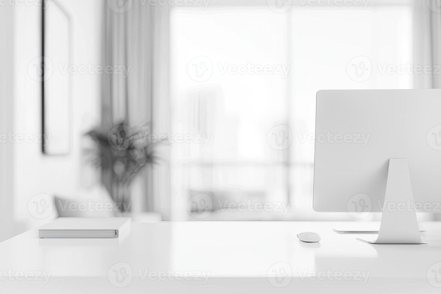 Blurred office background with a computer and white desk in a modern interior, a business work space concept, a mockup for product display presentation, with a white background photo