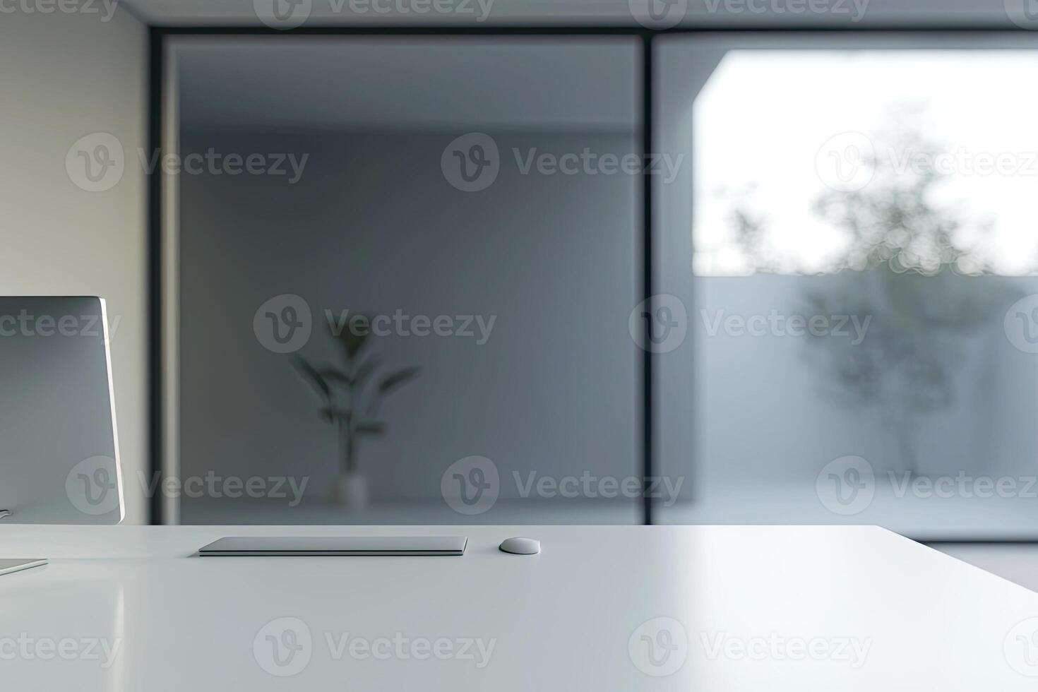 Blurred office background with a computer and white desk in a modern interior, a business work space concept, a mockup for product display presentation, with a white background photo