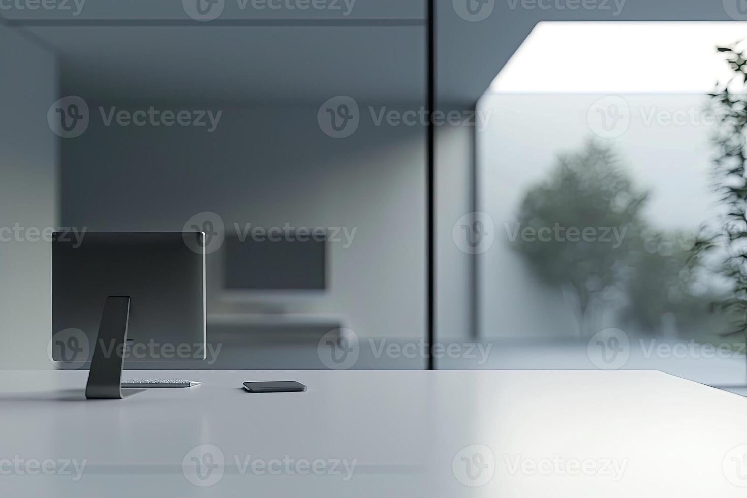 Blurred office background with a computer and white desk in a modern interior, a business work space concept, a mockup for product display presentation, with a white background photo