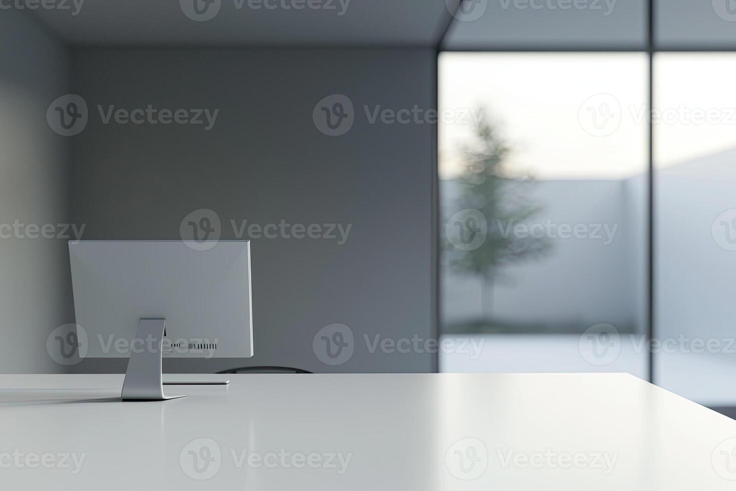Blurred office background with a computer and white desk in a modern interior, a business work space concept, a mockup for product display presentation, with a white background photo