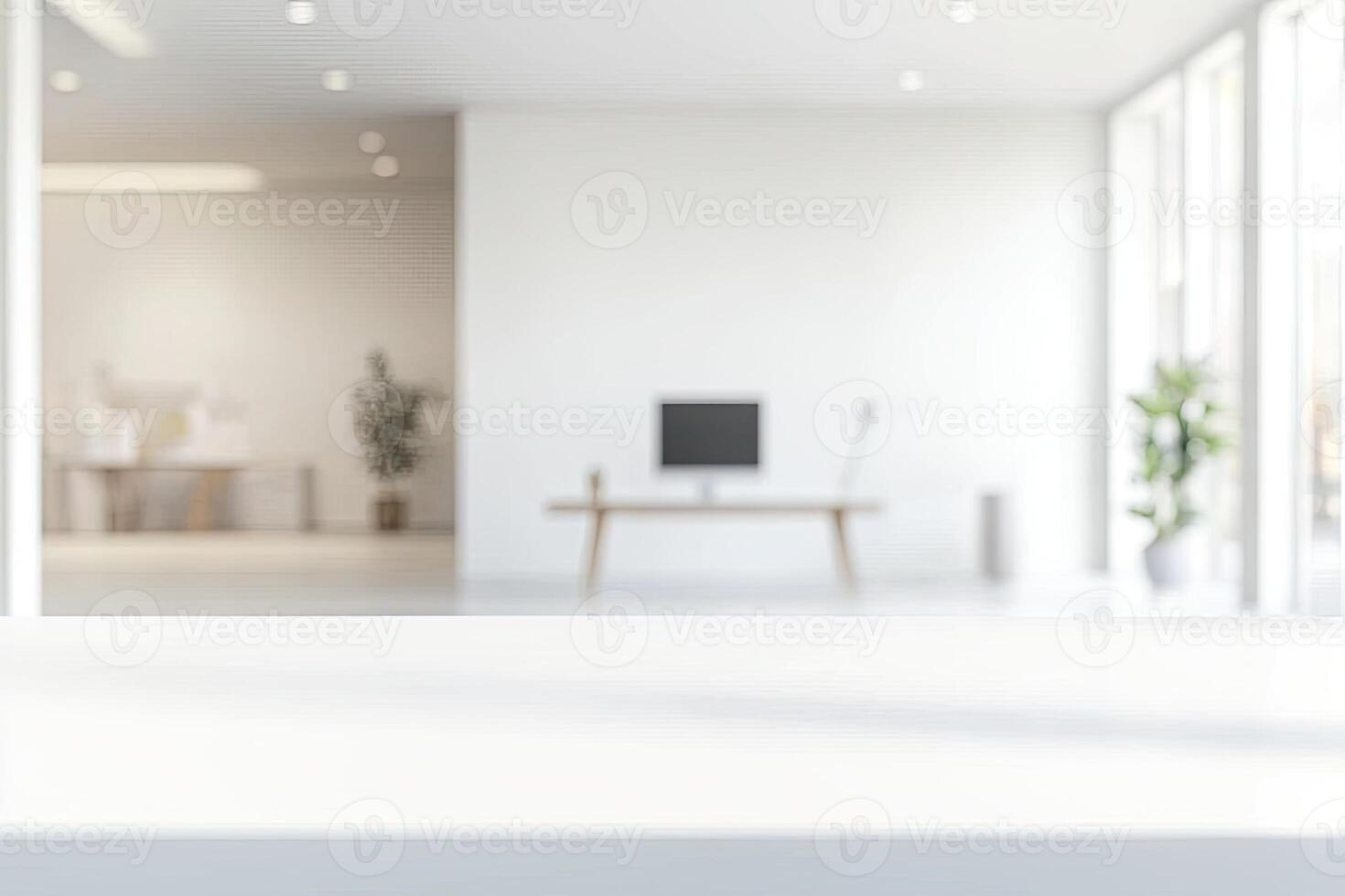 Blurred office background with a computer and white desk in a modern interior, a business work space concept, a mockup for product display presentation, with a white background photo