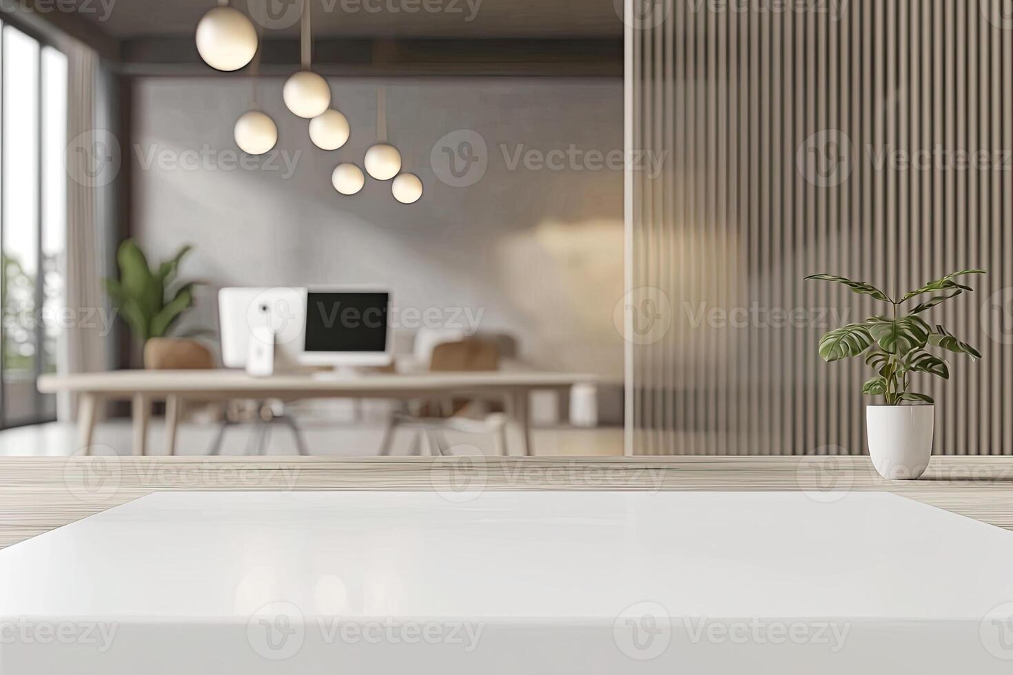 Blurred office background with a computer and white desk in a modern interior, a business work space concept, a mockup for product display presentation, with a white background photo
