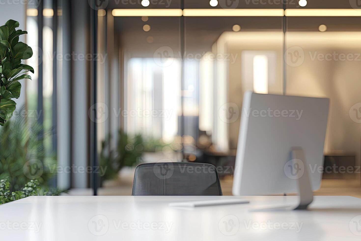 Blurred office background with a computer and white desk in a modern interior, a business work space concept, a mockup for product display presentation, with a white background photo