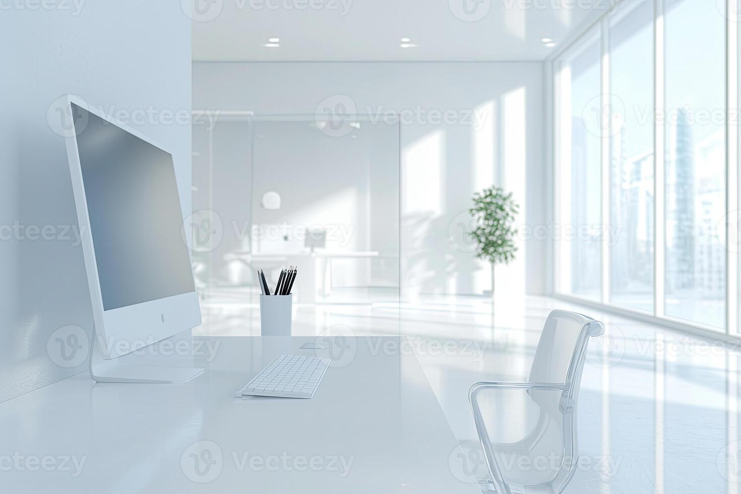 Blurred office background with a computer and white desk in a modern interior, a business work space concept, a mockup for product display presentation, with a white background photo