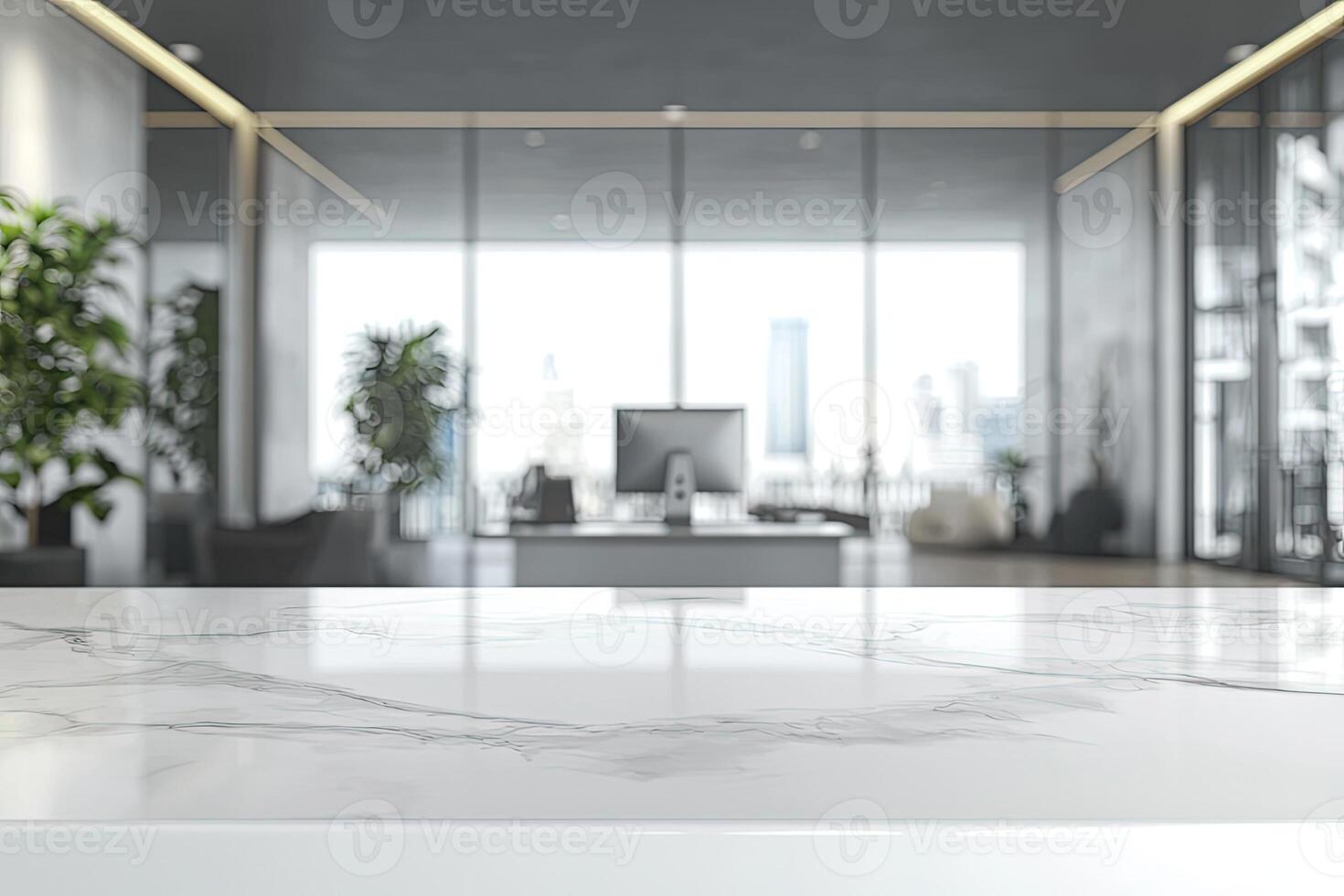 Blurred office background with a computer and white desk in a modern interior, a business work space concept, a mockup for product display presentation, with a white background photo