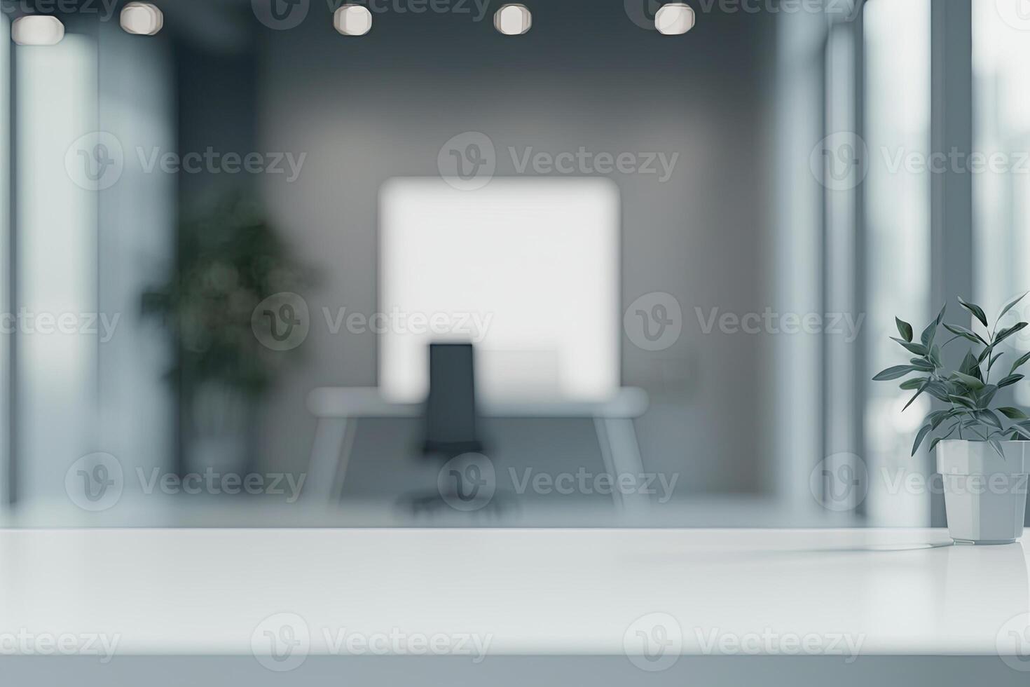 Blurred office background with a computer and white desk in a modern interior, a business work space concept, a mockup for product display presentation, with a white background photo