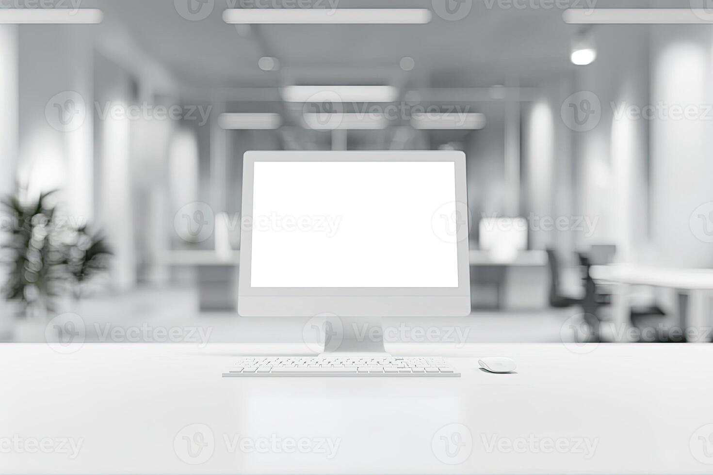 Blurred office background with a computer and white desk in a modern interior, a business work space concept, a mockup for product display presentation, with a white background photo