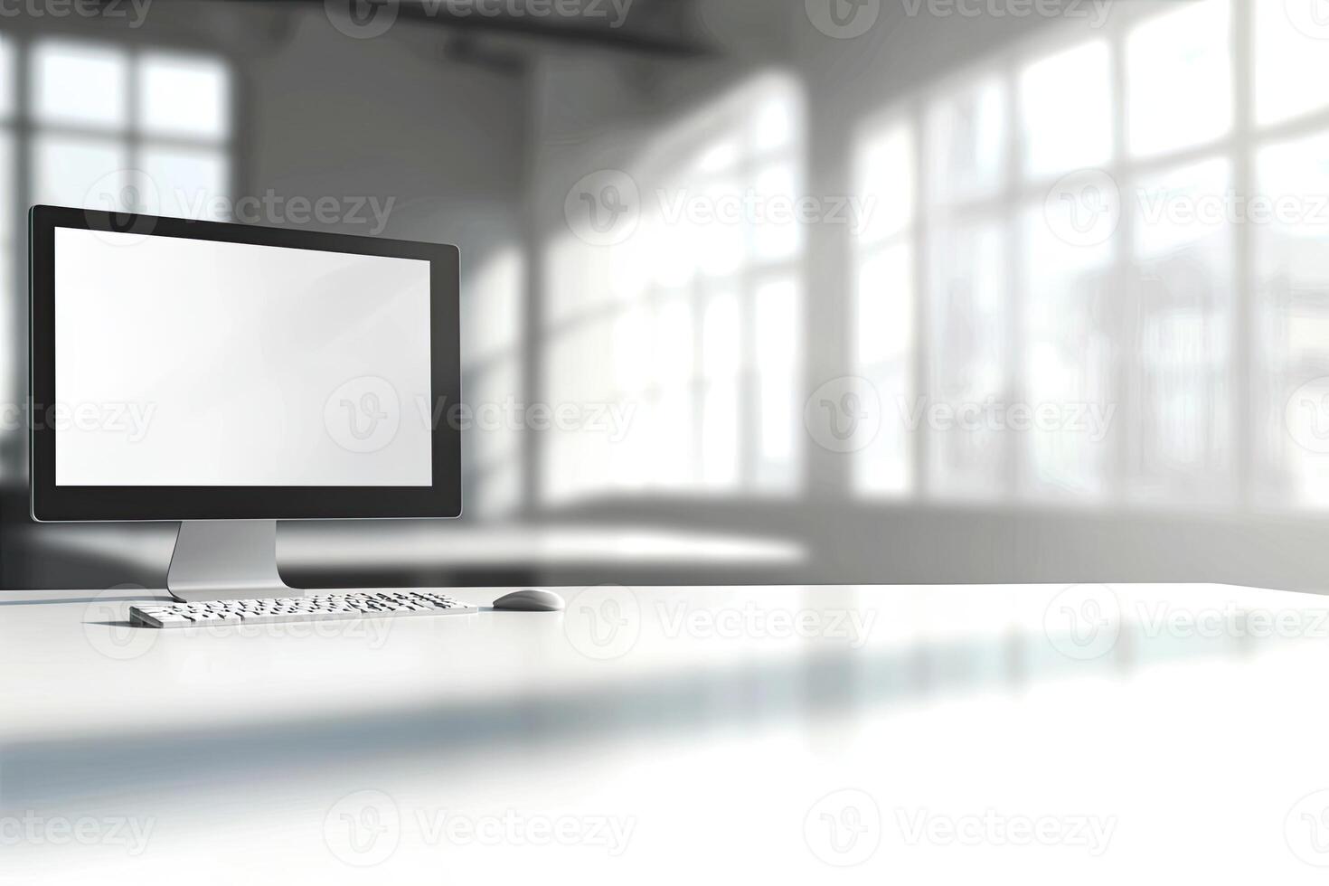 Blurred office background with a computer and white desk in a modern interior, a business work space concept, a mockup for product display presentation, with a white background photo