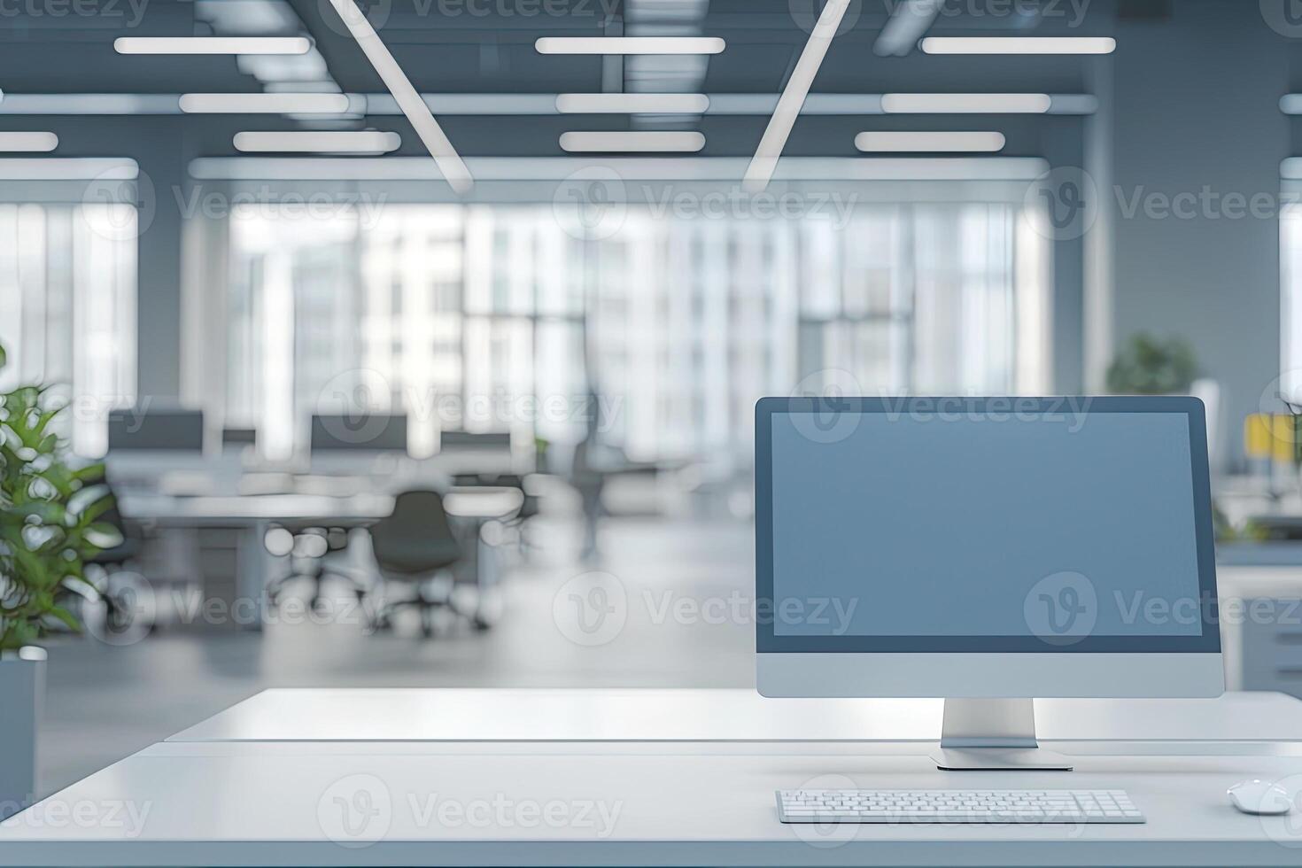 Blurred office background with a computer and white desk in a modern interior, a business work space concept, a mockup for product display presentation, with a white background photo