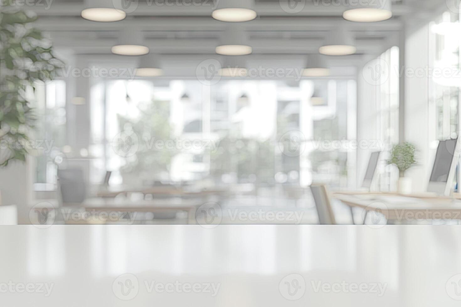 Blurred office background with a computer and white desk in a modern interior, a business work space concept, a mockup for product display presentation, with a white background photo
