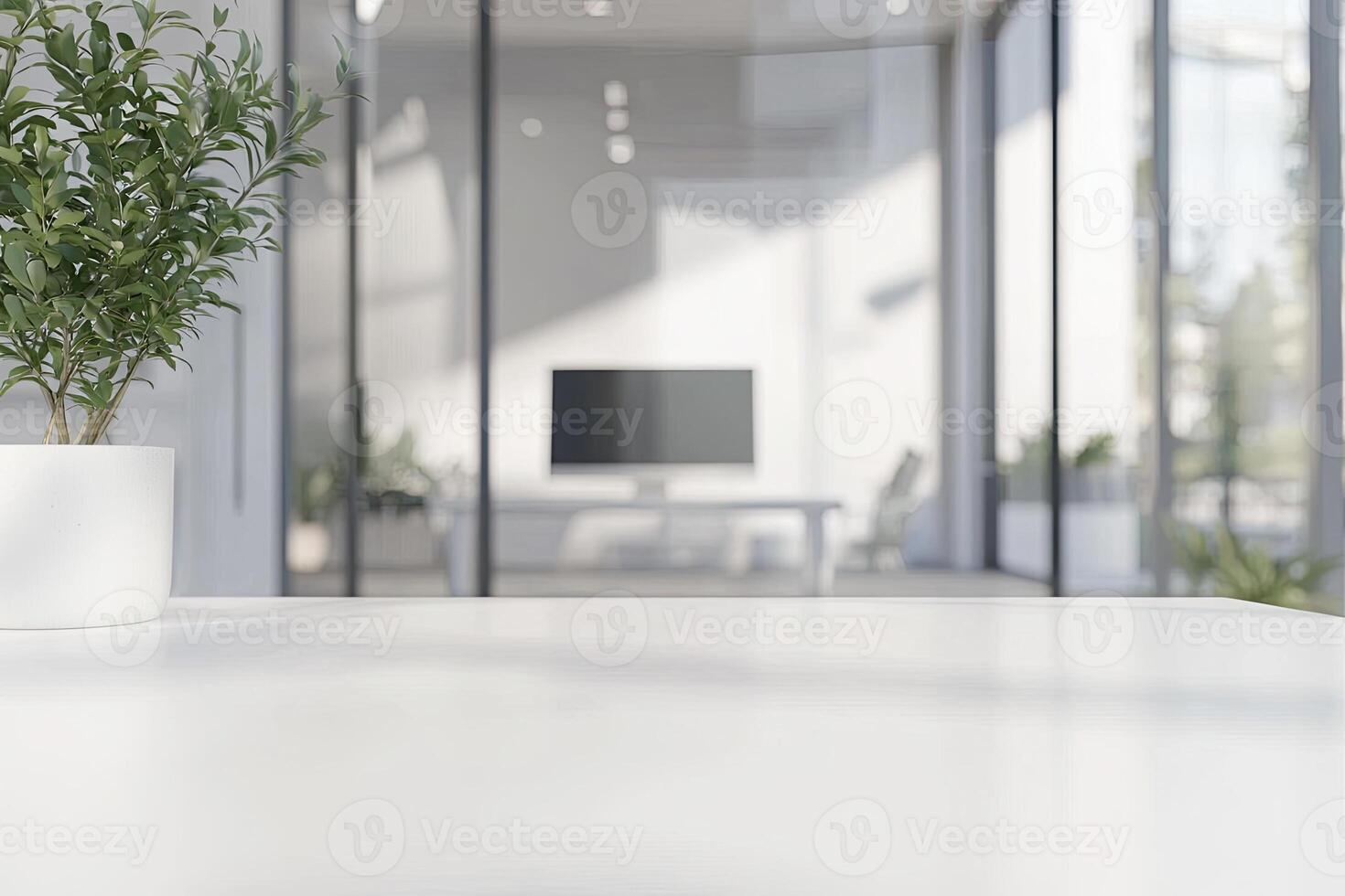 Blurred office background with a computer and white desk in a modern interior, a business work space concept, a mockup for product display presentation, with a white background photo