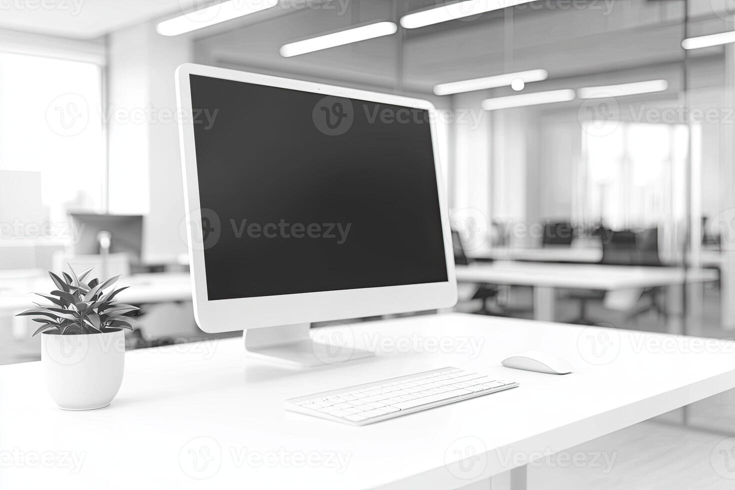 Minimalist white desk with a computer and office background, blurred business center interior in the blurred background. Mockup for design or presentation photo