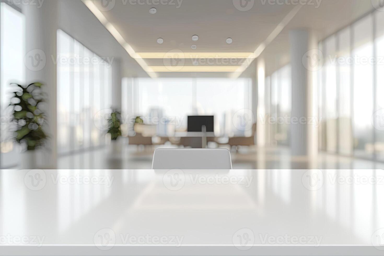 Minimalist white desk with a computer and office background, blurred business center interior in the blurred background. Mockup for design or presentation photo