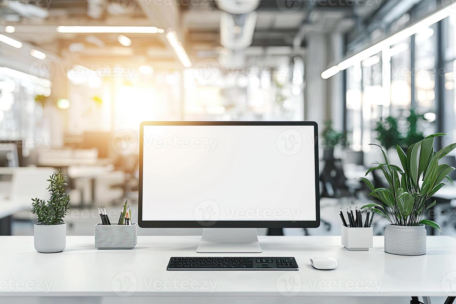 Minimalist white desk with a computer and office background, blurred business center interior in the blurred background. Mockup for design or presentation photo