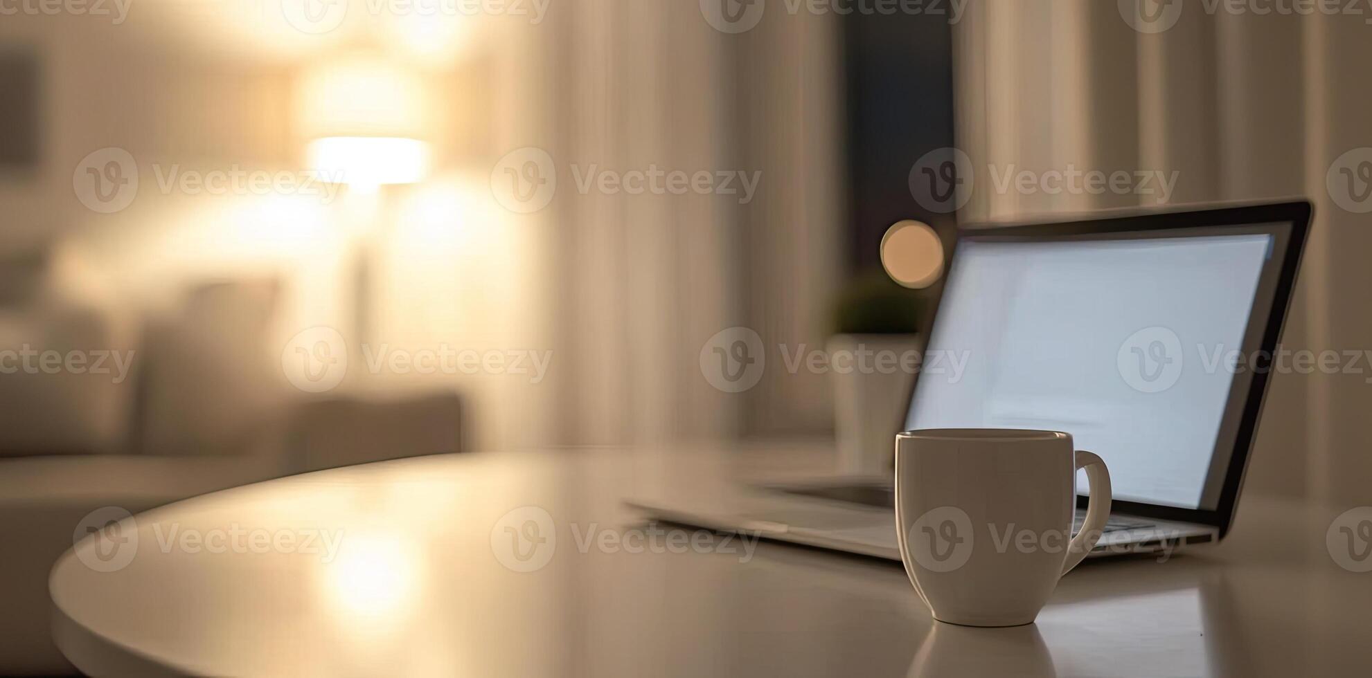 Minimalist white office desk with laptop and coffee mug on a blurred background, with space for text, representing the concept of working from home photo