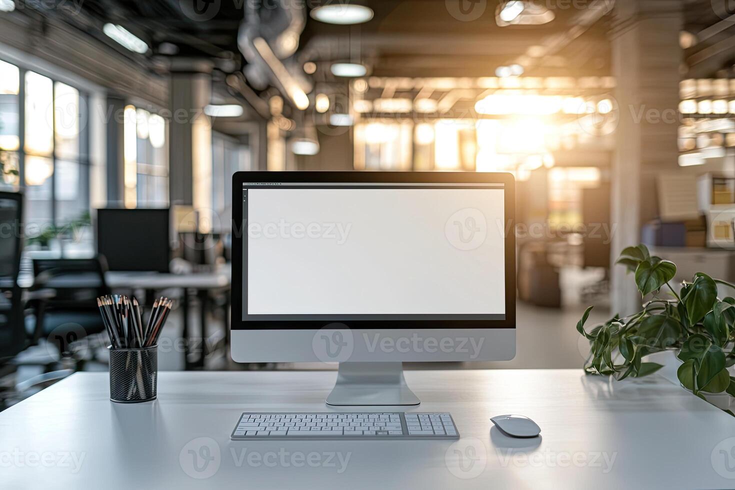 Minimalist white desk with a computer and office background, blurred business center interior in the blurred background. Mockup for design or presentation photo