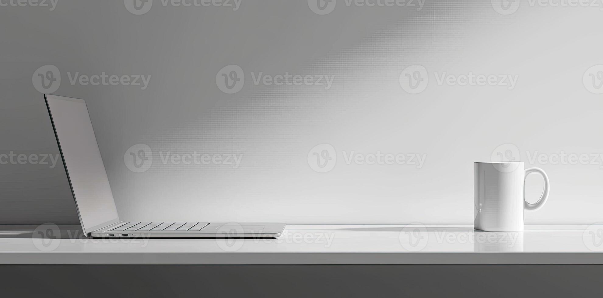 Minimalist white office desk with laptop and coffee mug on a blurred background, with space for text, representing the concept of working from home photo