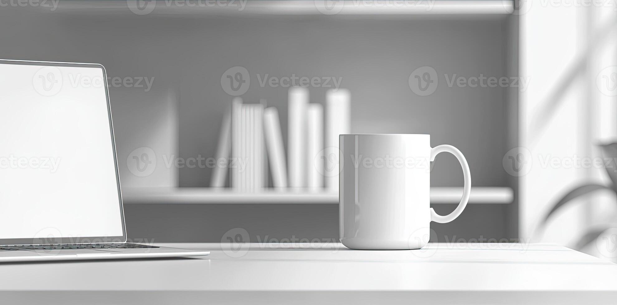 Minimalist white office desk with laptop and coffee mug on a blurred background, with space for text, representing the concept of working from home photo