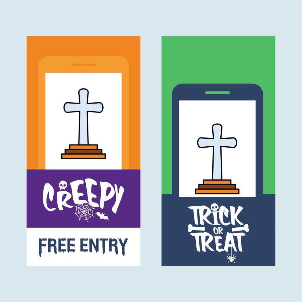 Two halloween cards with the words creepy and trick treat vector