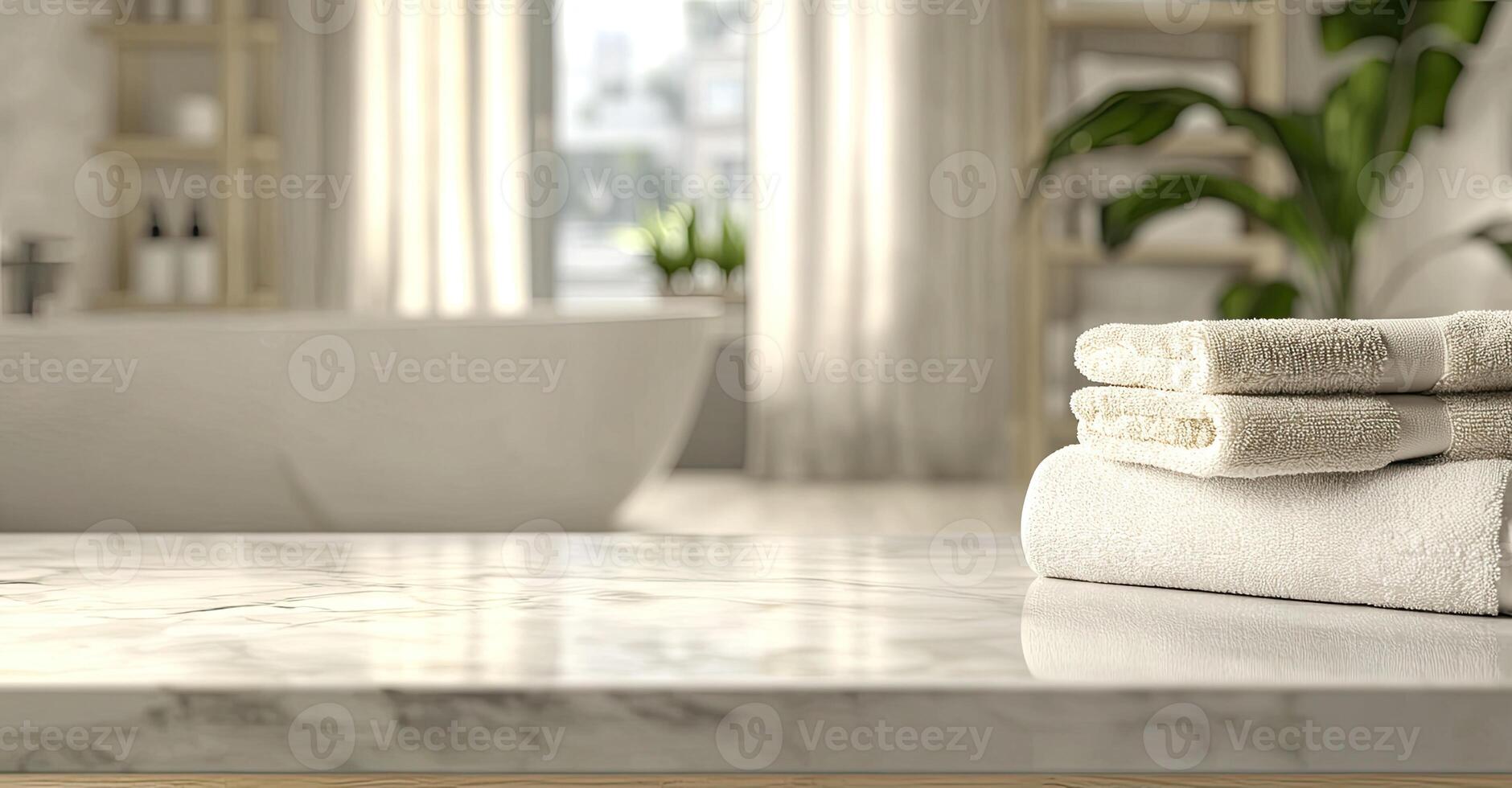 Blurred bathroom interior with a white marble table and a stack of towels on a blurred background, suitable for a product display montage photo
