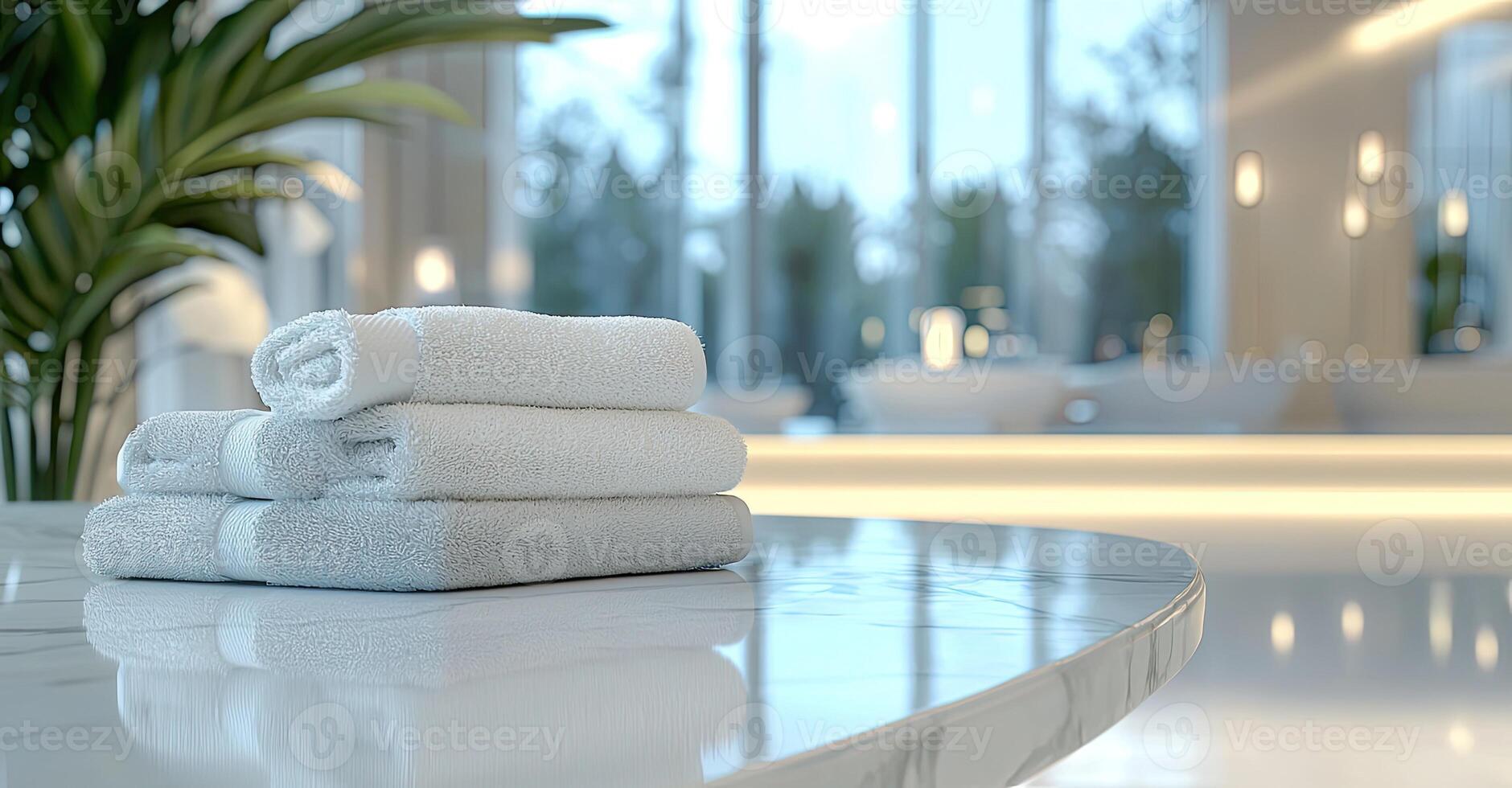 Blurred bathroom interior with a white marble table and a stack of towels on a blurred background, suitable for a product display montage photo