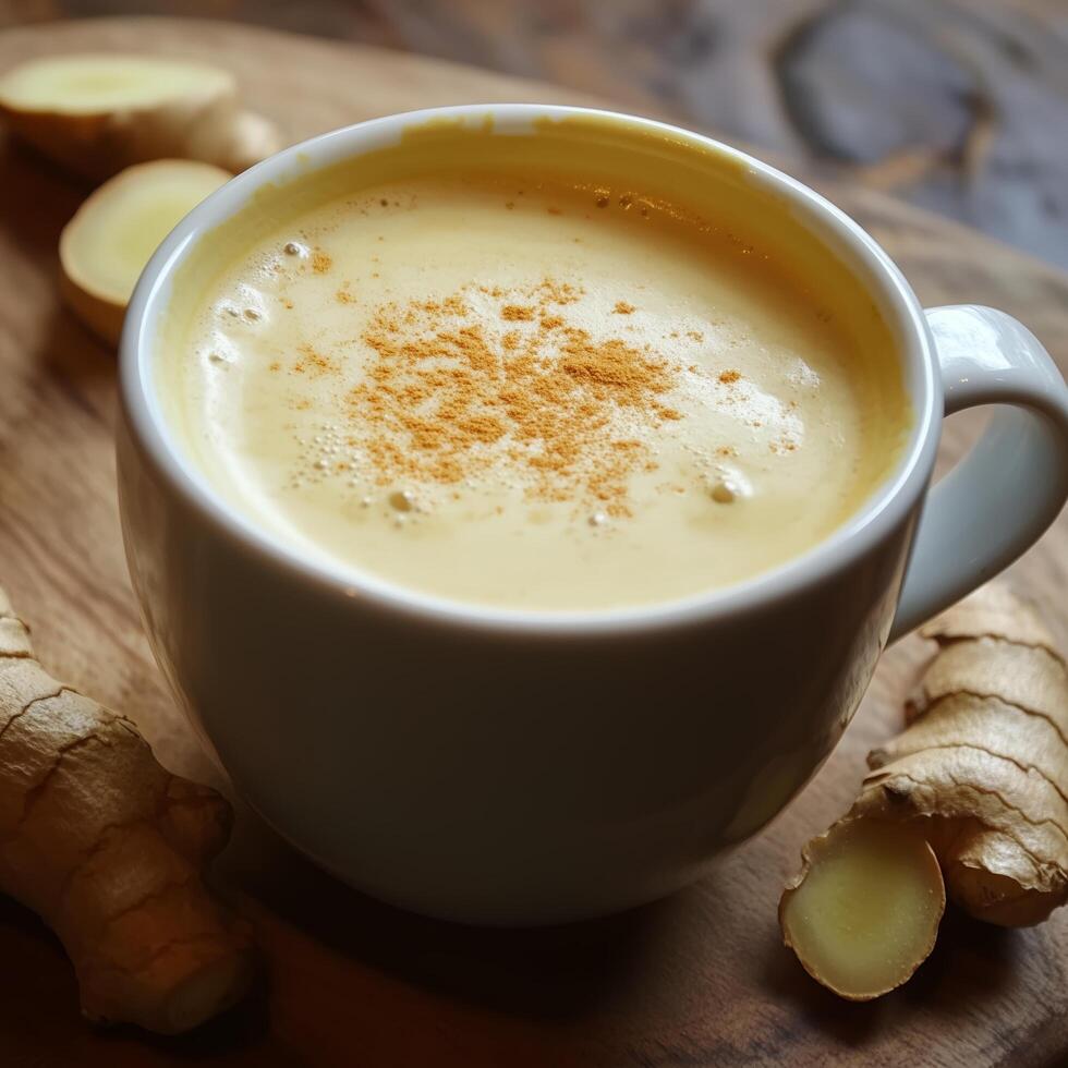 Steaming golden milk with turmeric and ginger root on rustic table photo