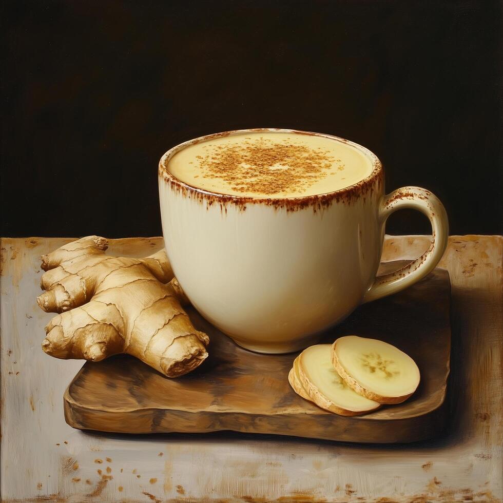 Steaming ginger latte with spices and fresh ingredients on wooden board photo