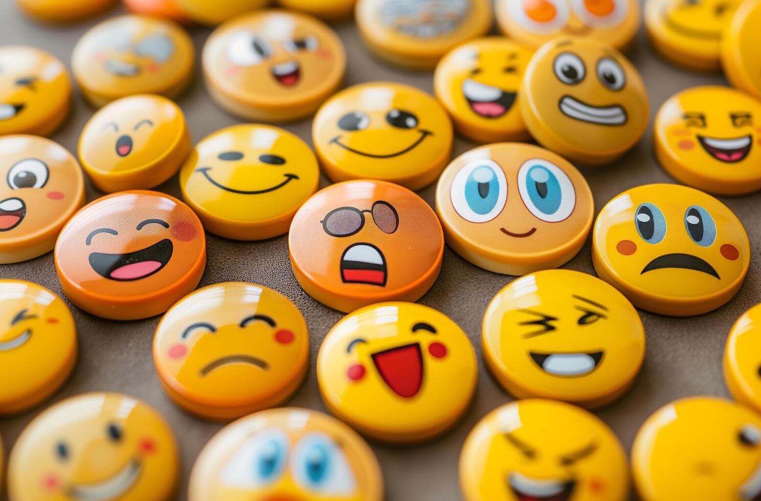 Many emoji faces showing different emotions lying on gray surface photo