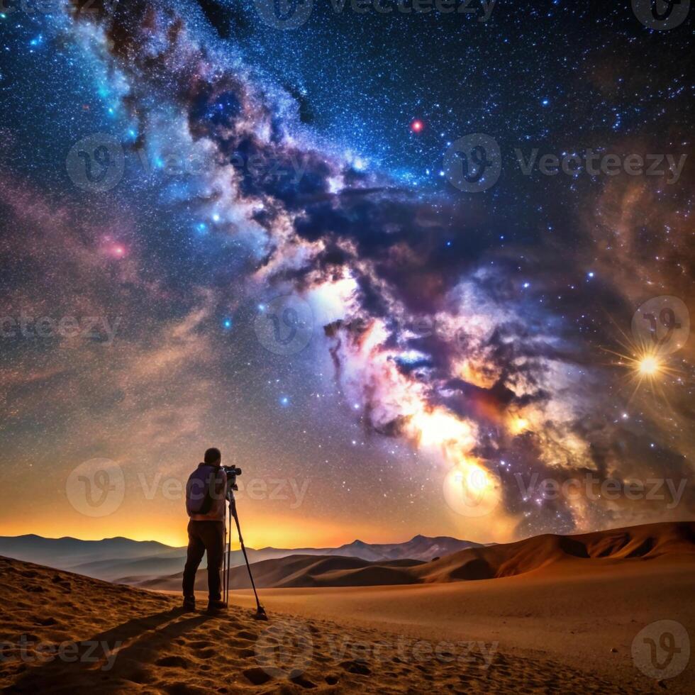 A man standing in the desert with a camera and a starry sky photo