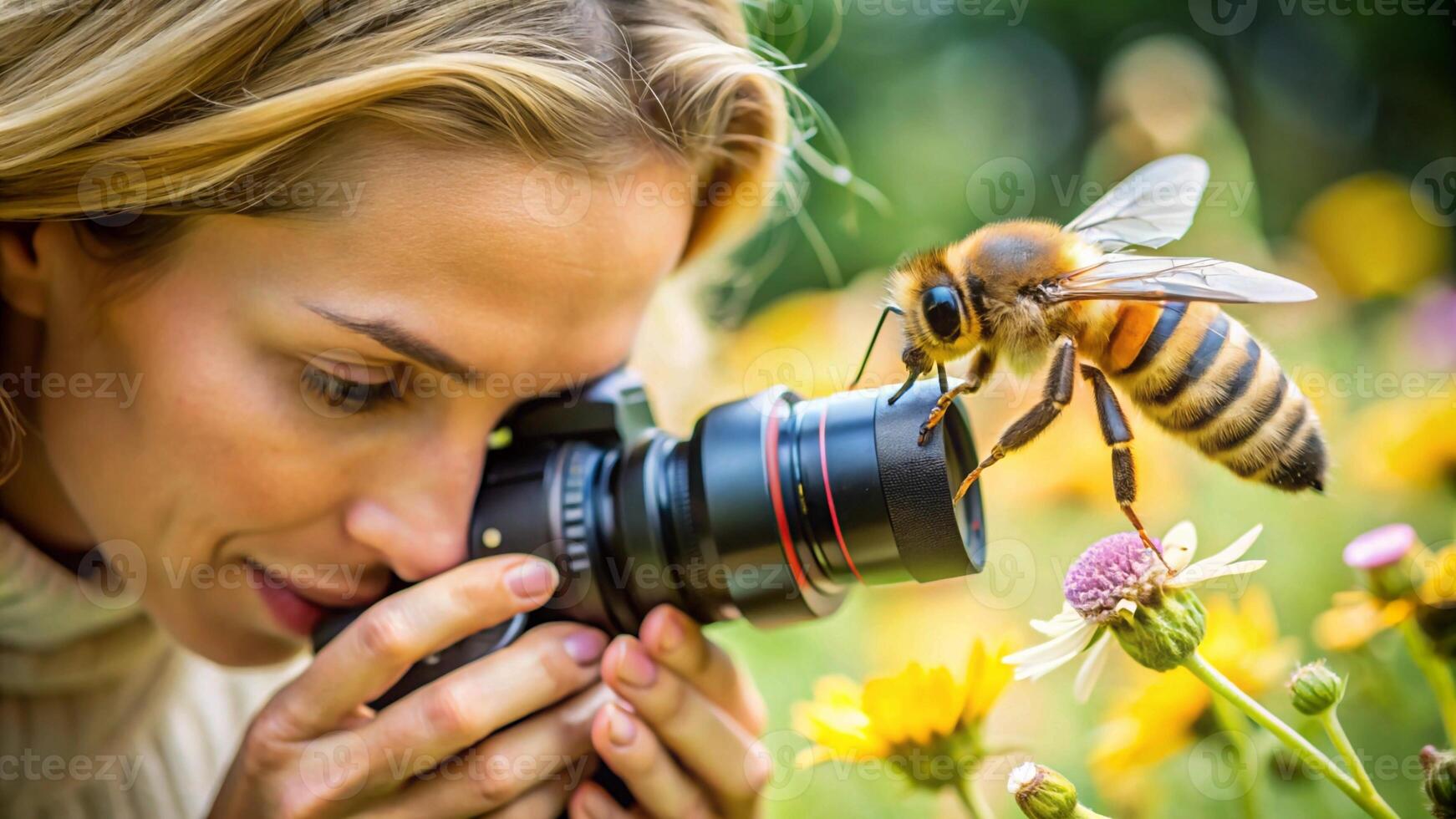 A woman taking a photo of a bee with a camera