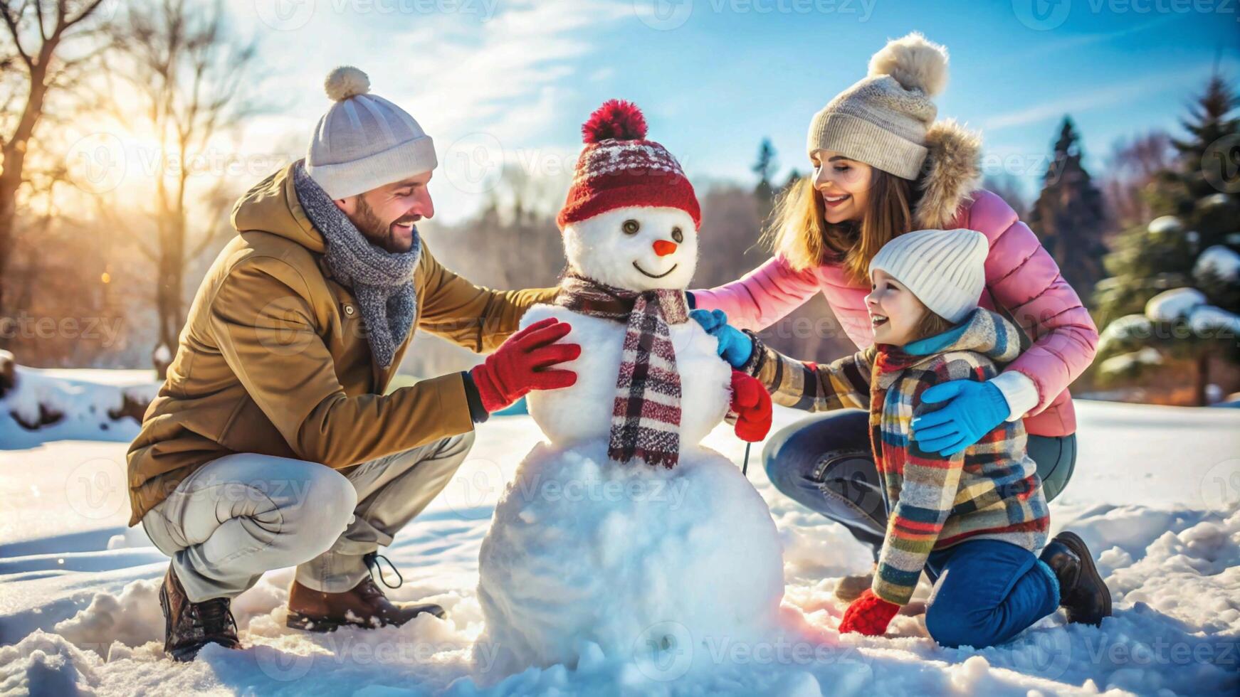 A family is making a snowman in the snow photo