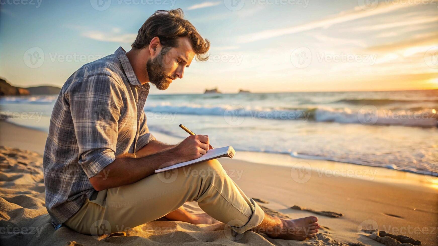 A man sitting on the beach writing in his notebook photo
