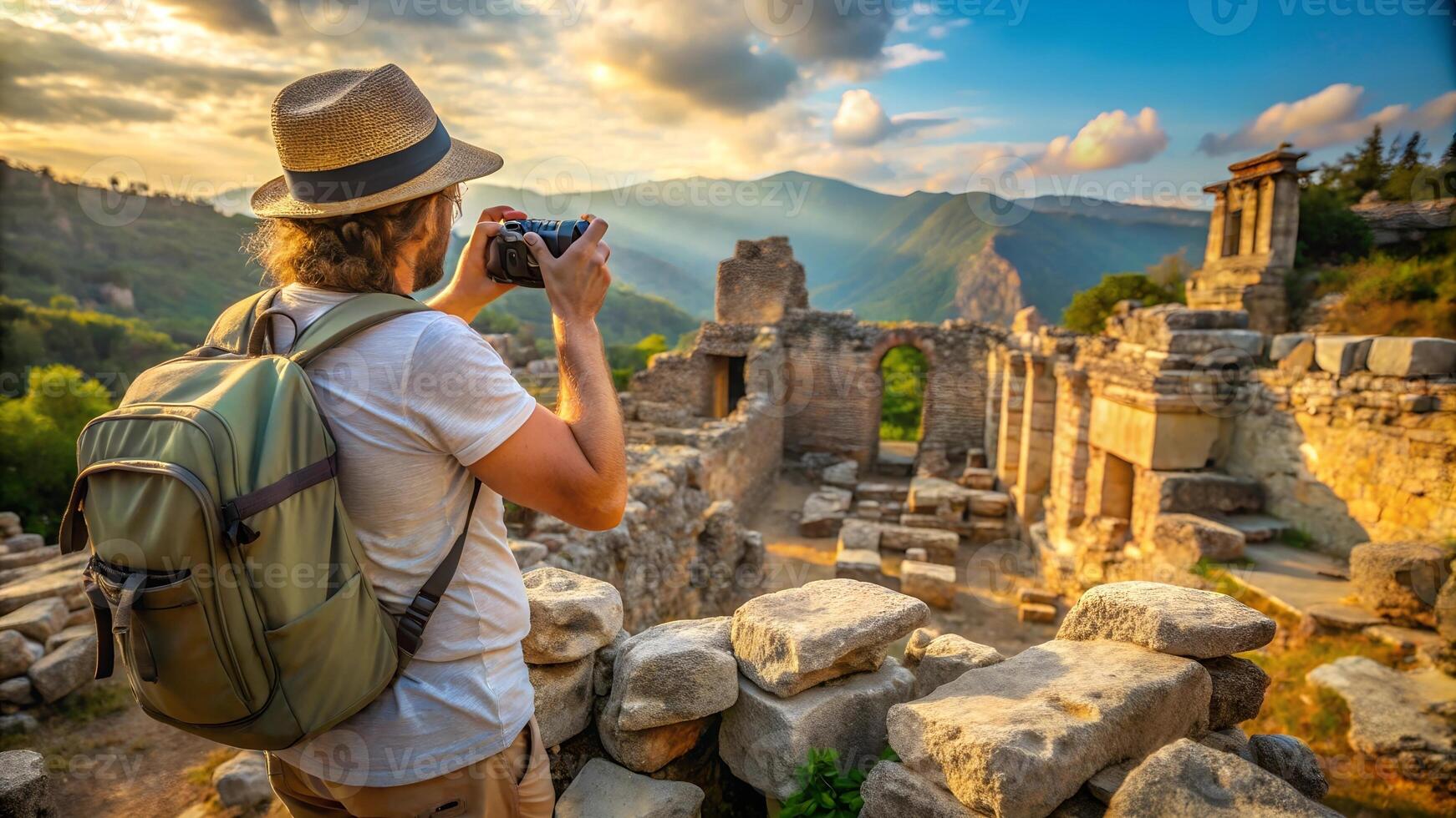 A man with a backpack taking a photo of the ruins