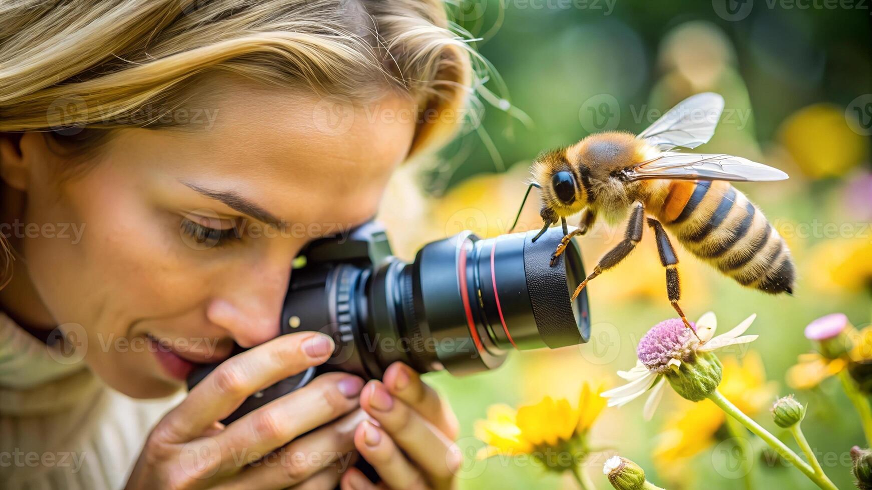 A woman taking a photo of a bee with a camera