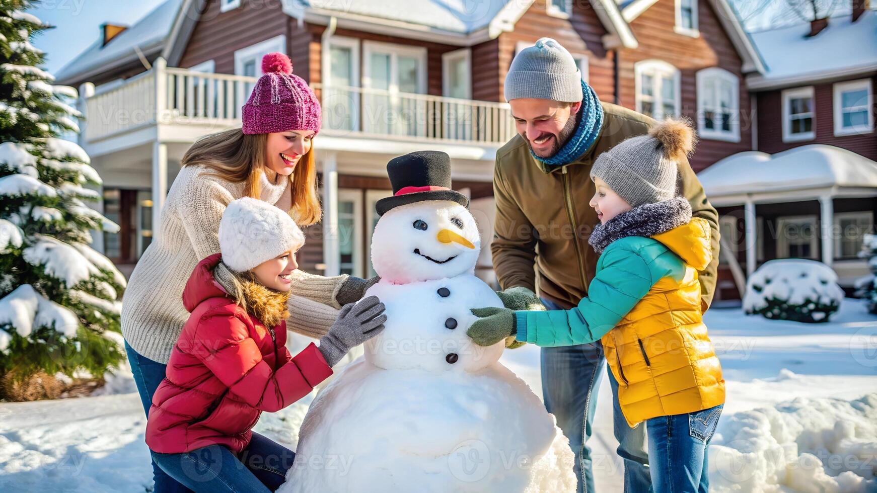 A family is building a snowman in the snow photo