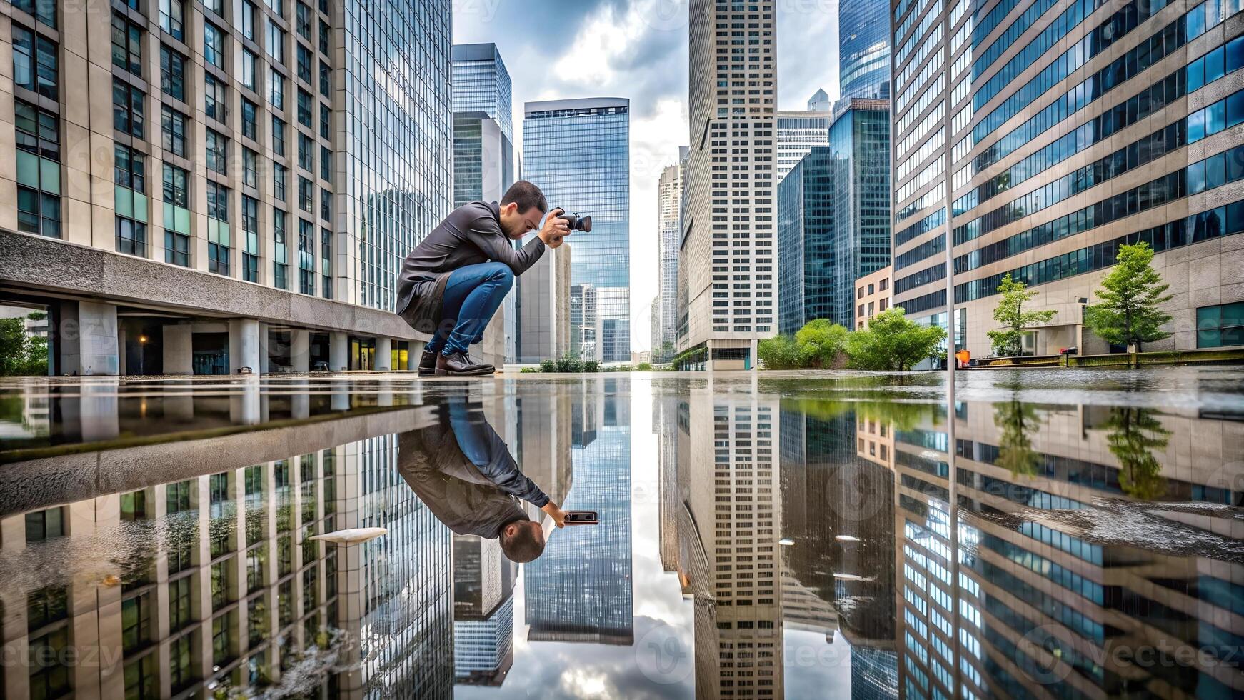 A man taking a photo of himself in front of a city building