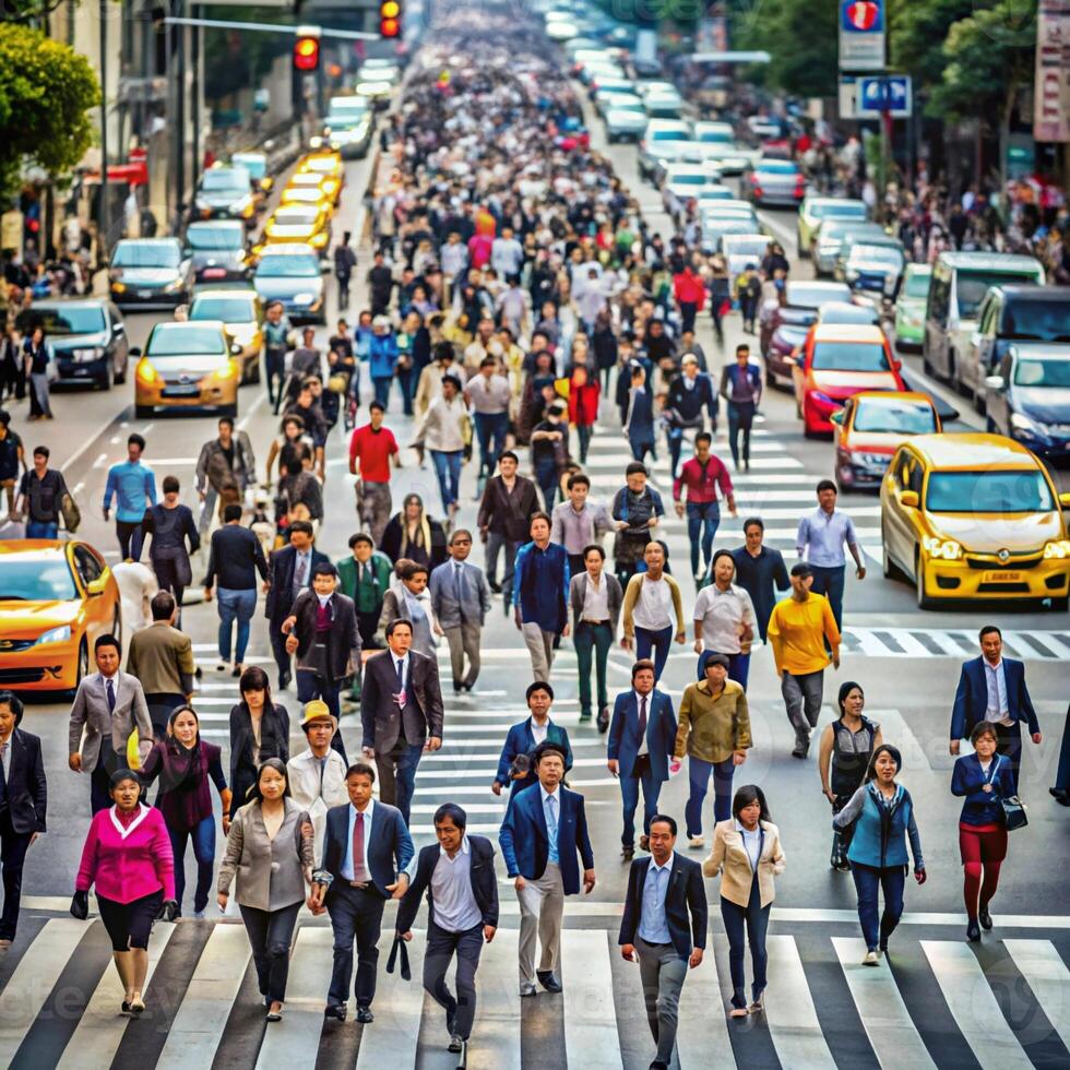 Many people crossing the street in a busy city photo
