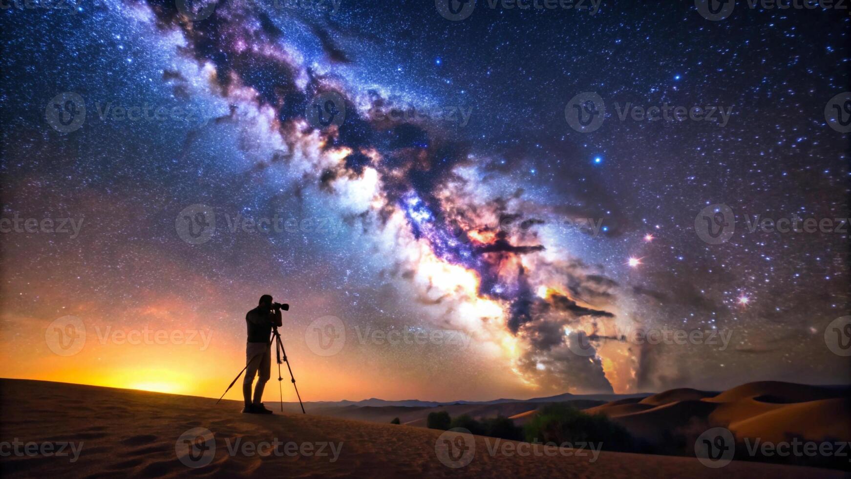 A man standing in the desert with a camera and a milky in the background photo