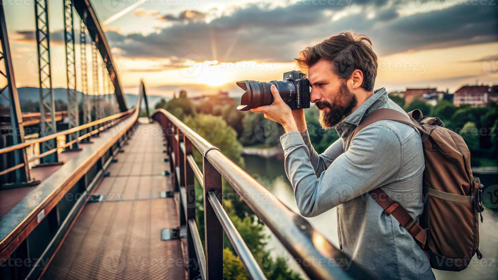 A man with a backpack and camera taking a photo