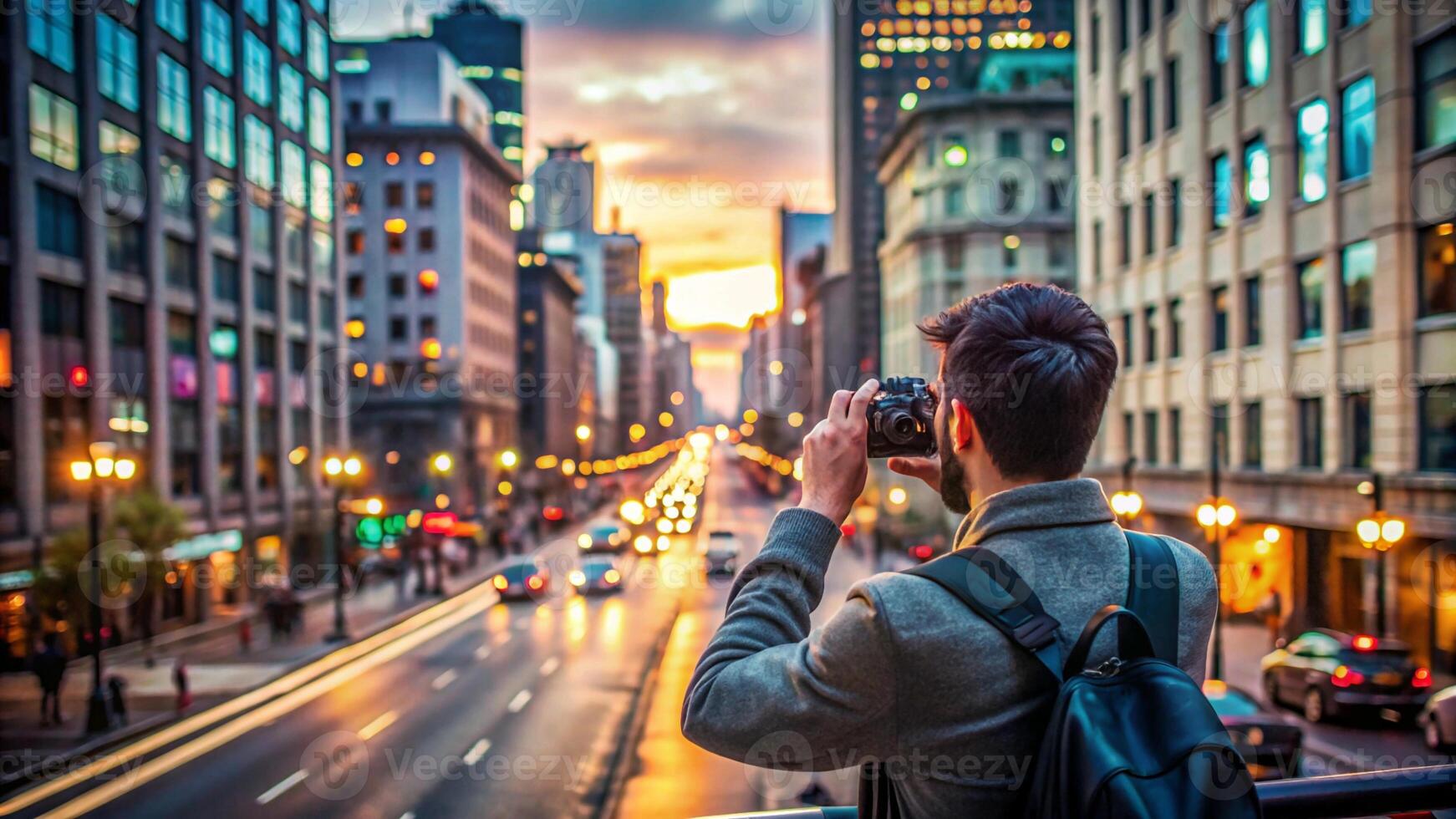 A man taking a photo of a city street at sunset