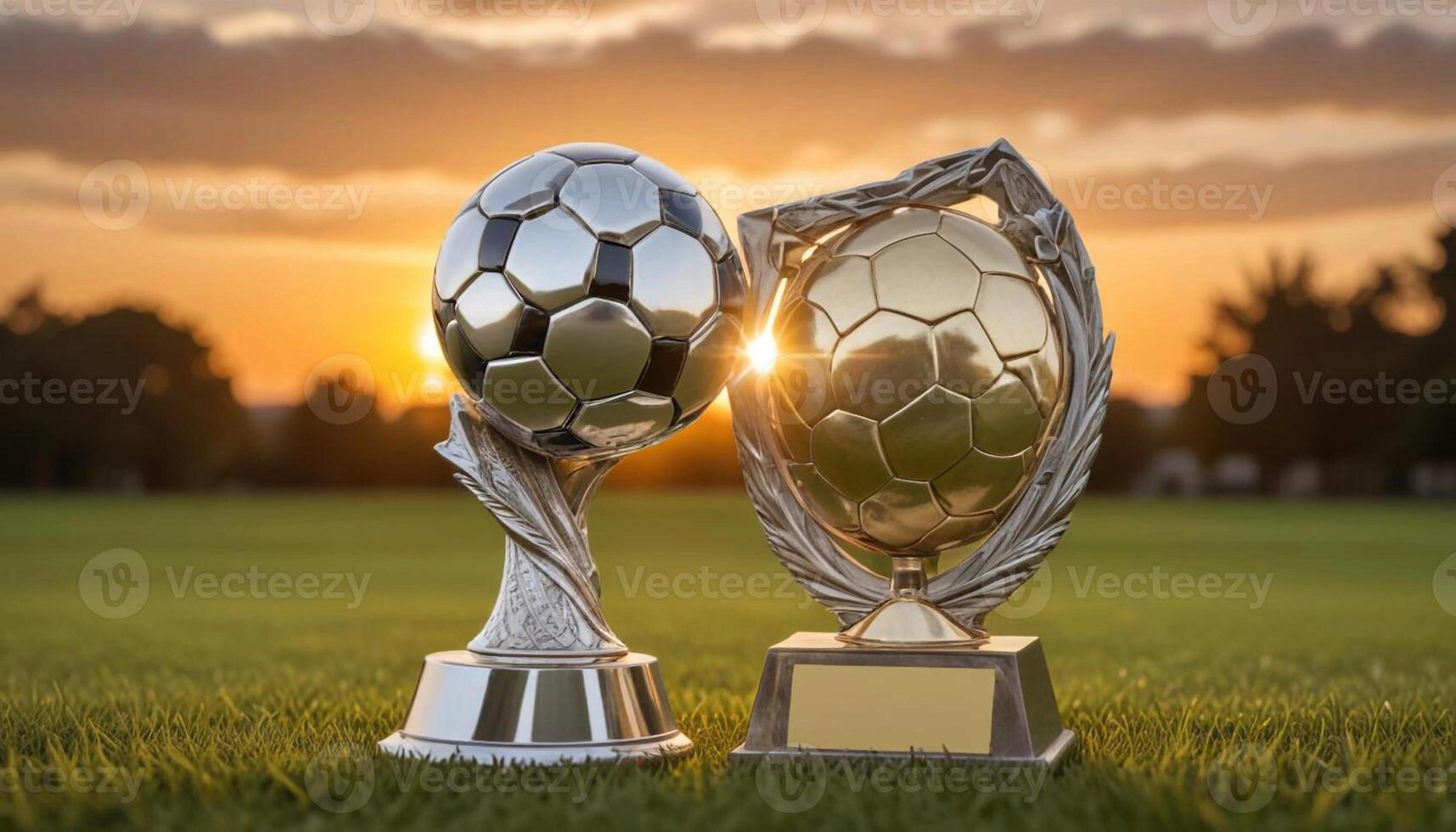 Two trophies on a grass field with the sun setting photo