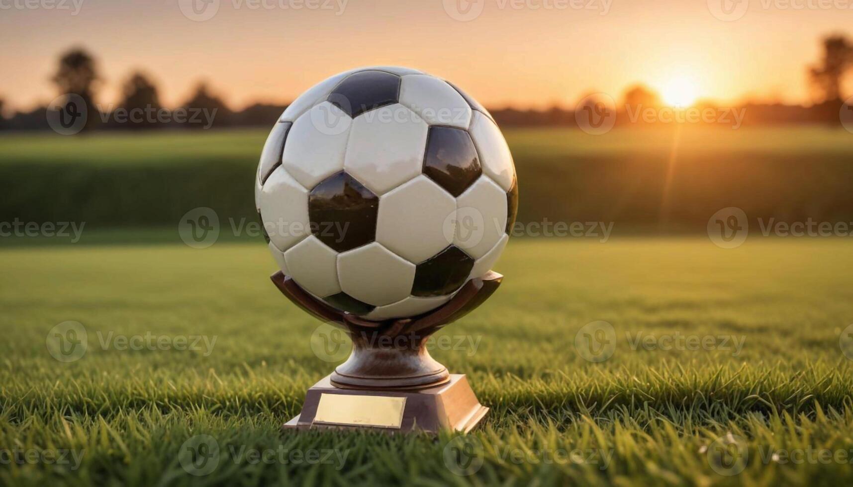 A soccer ball on a trophy stand in a field photo