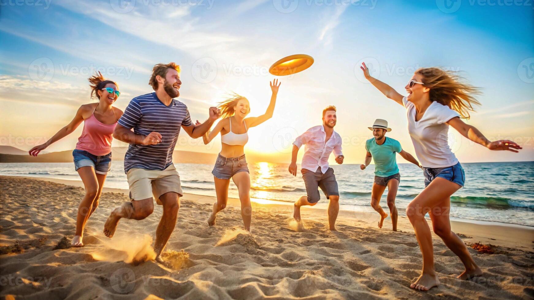 Group of friends playing frisbee on beach at sunset photo