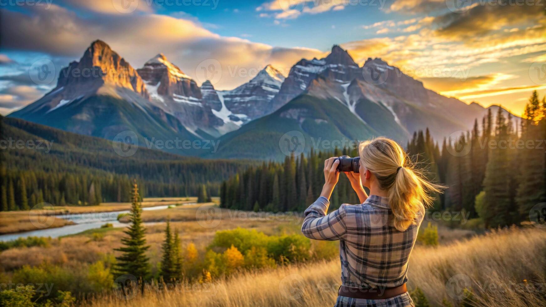 Woman taking photo of mountains at sunset