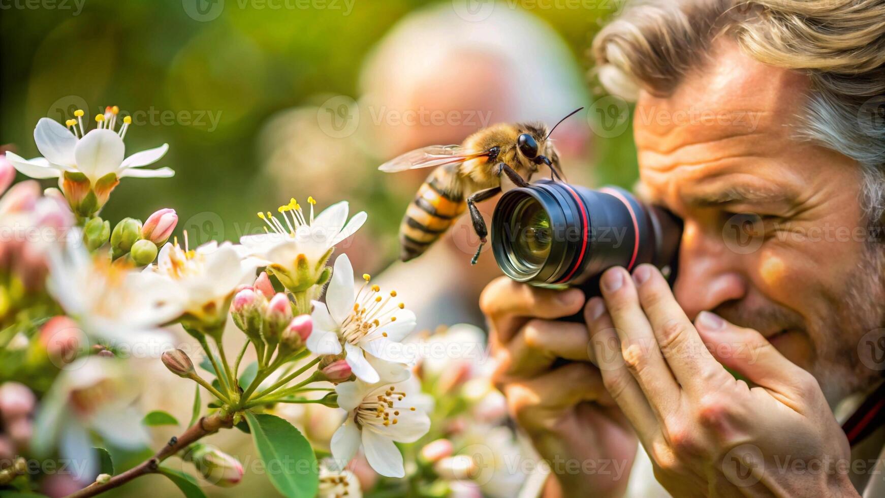 A man taking a photo of a bee with a camera