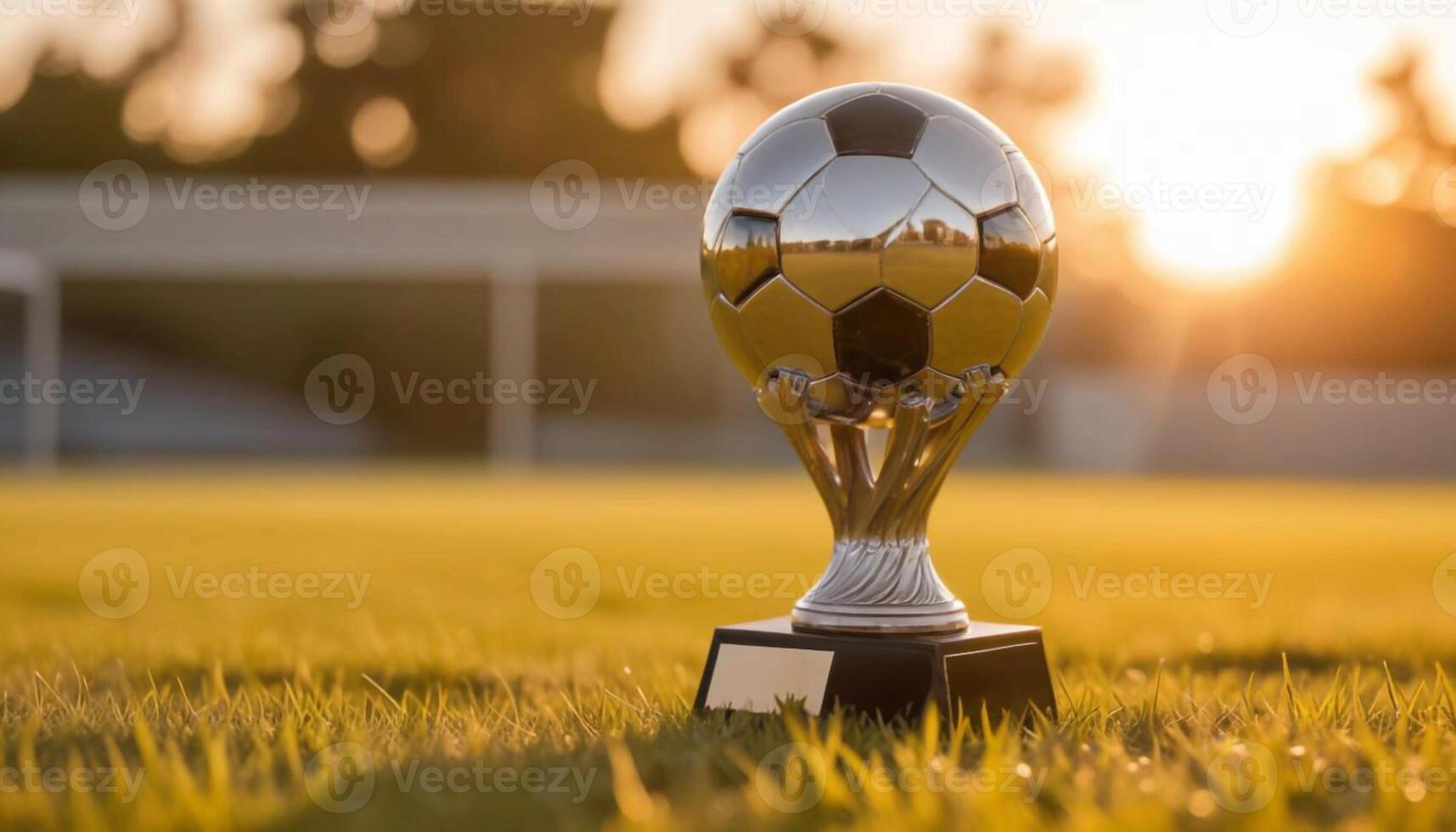 A soccer trophy on the grass in front of a soccer field photo